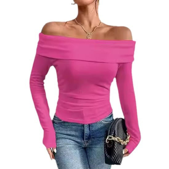 Womens Off-shoulder Figure-hugging Long-sleeve Slip Dress With A Boat Neckline