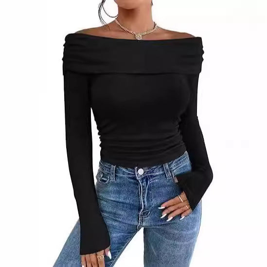 Womens Off-shoulder Figure-hugging Long-sleeve Slip Dress With A Boat Neckline