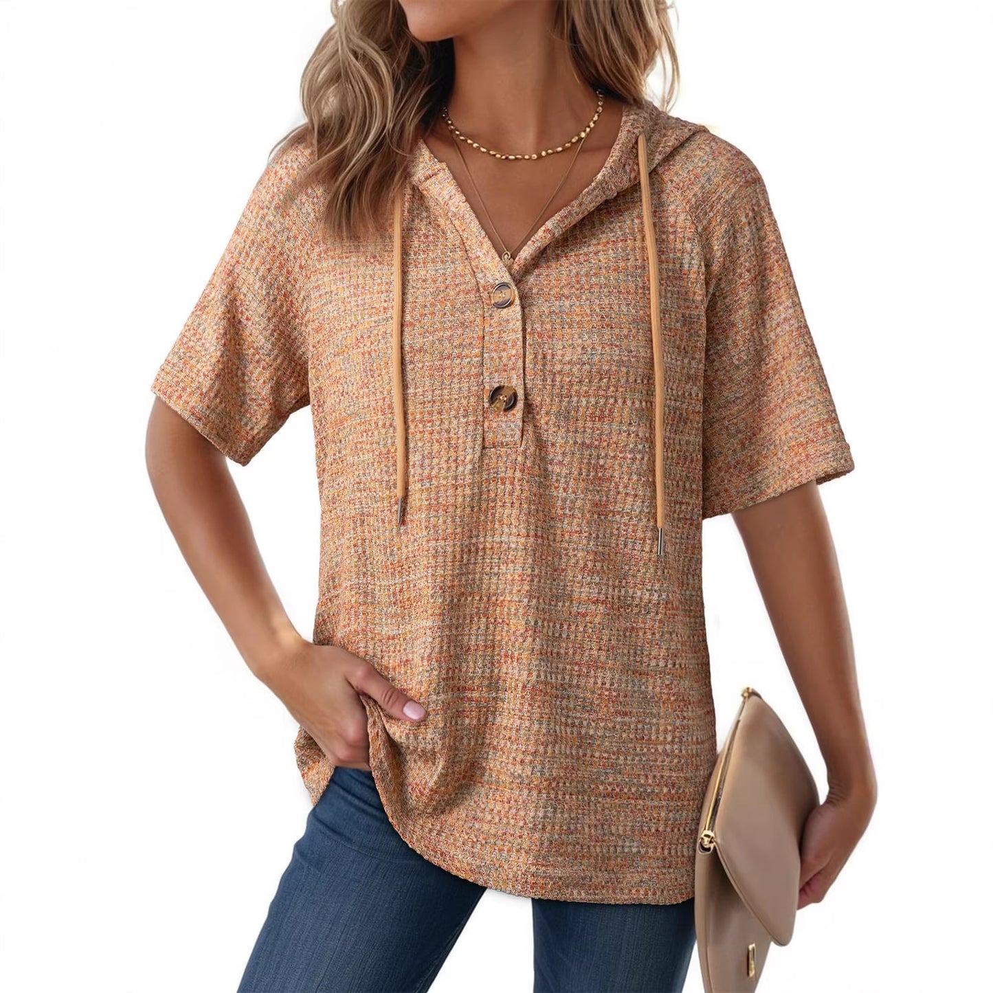 Womens Waffle-Weave Buttoned V-Neck Hoodie With Drawstring