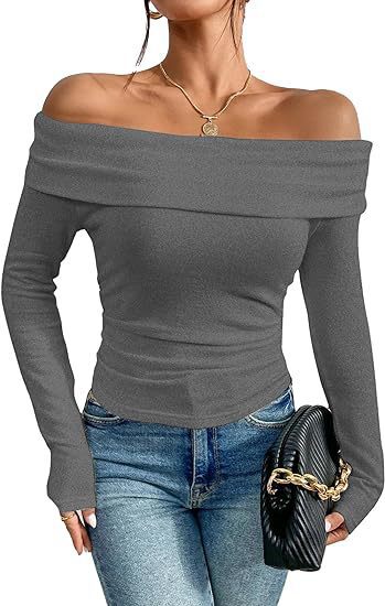 Womens Off-shoulder Figure-hugging Long-sleeve Slip Dress With A Boat Neckline