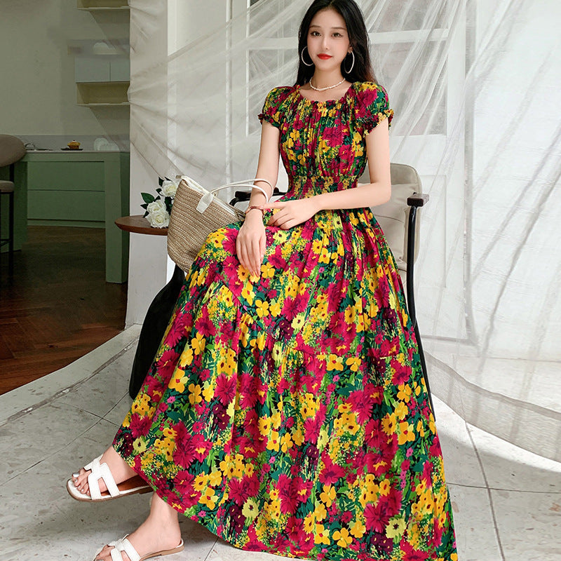 Summer Ethnic-style Elastic-waist Beach Bohemian Shoulder Dress