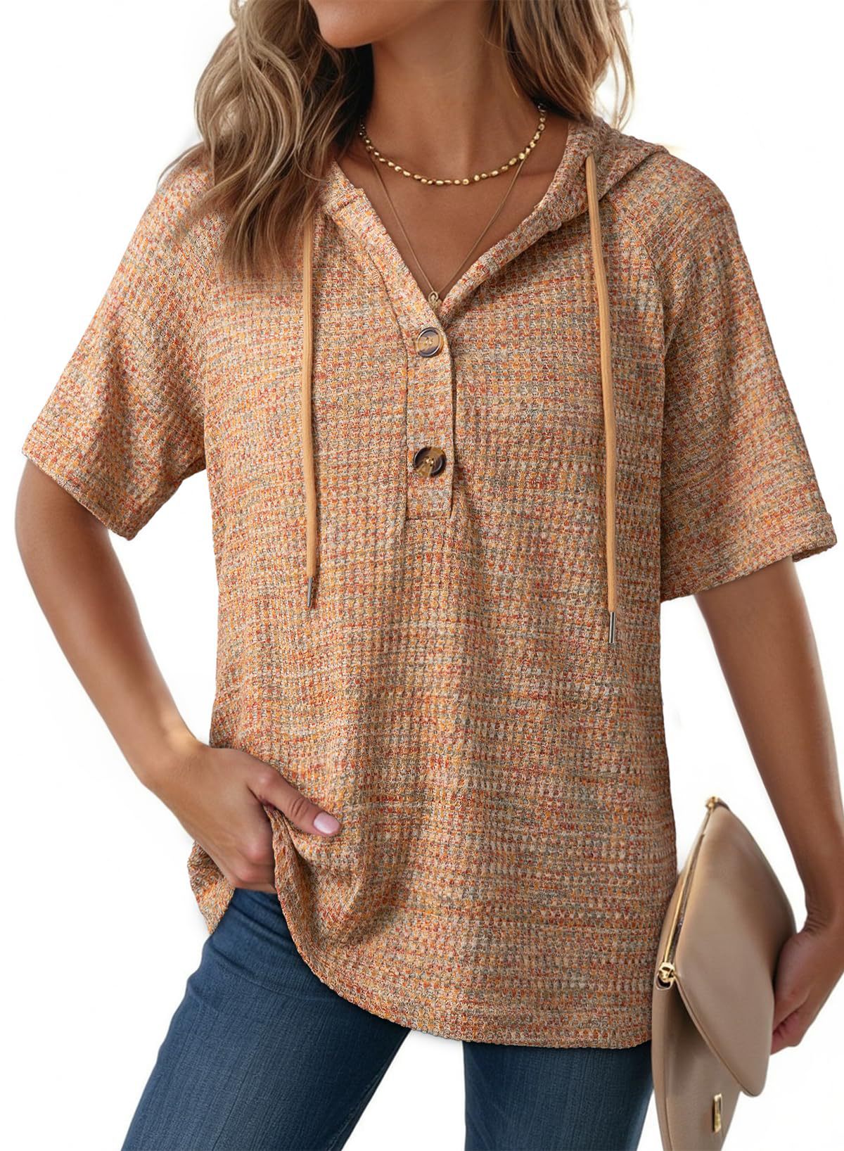 Womens Waffle-Weave Buttoned V-Neck Hoodie With Drawstring